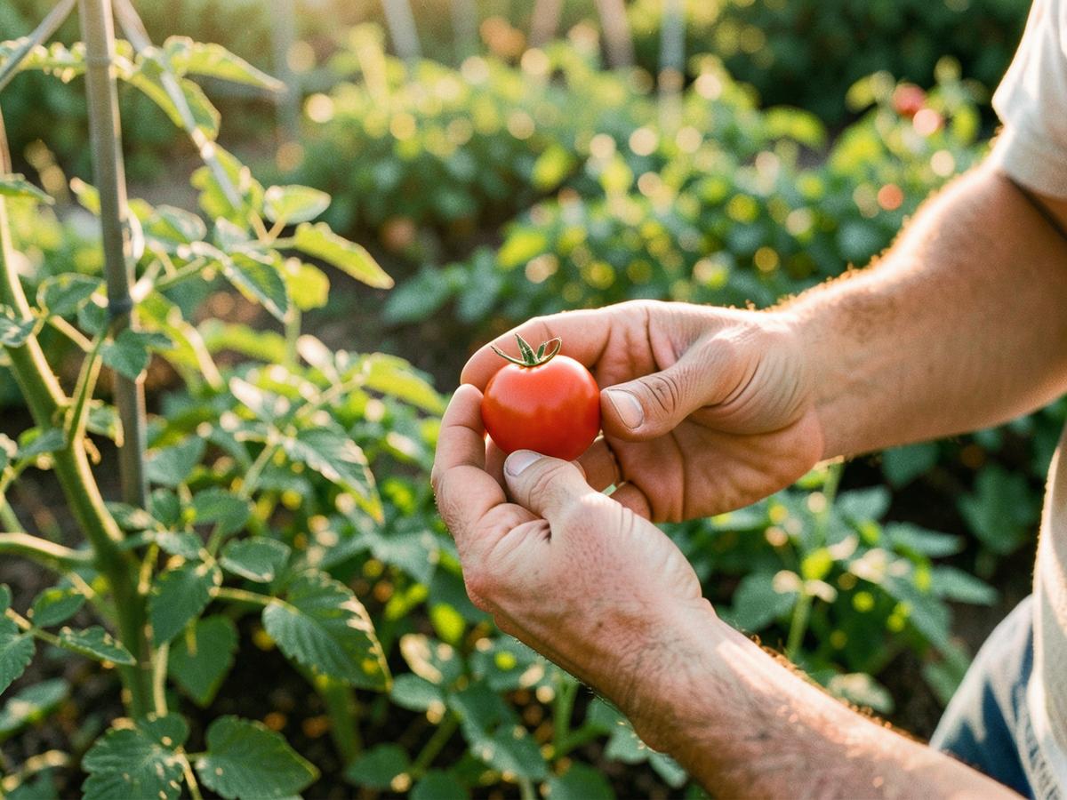 A gardener's hands holding the first ripe tomato of the season