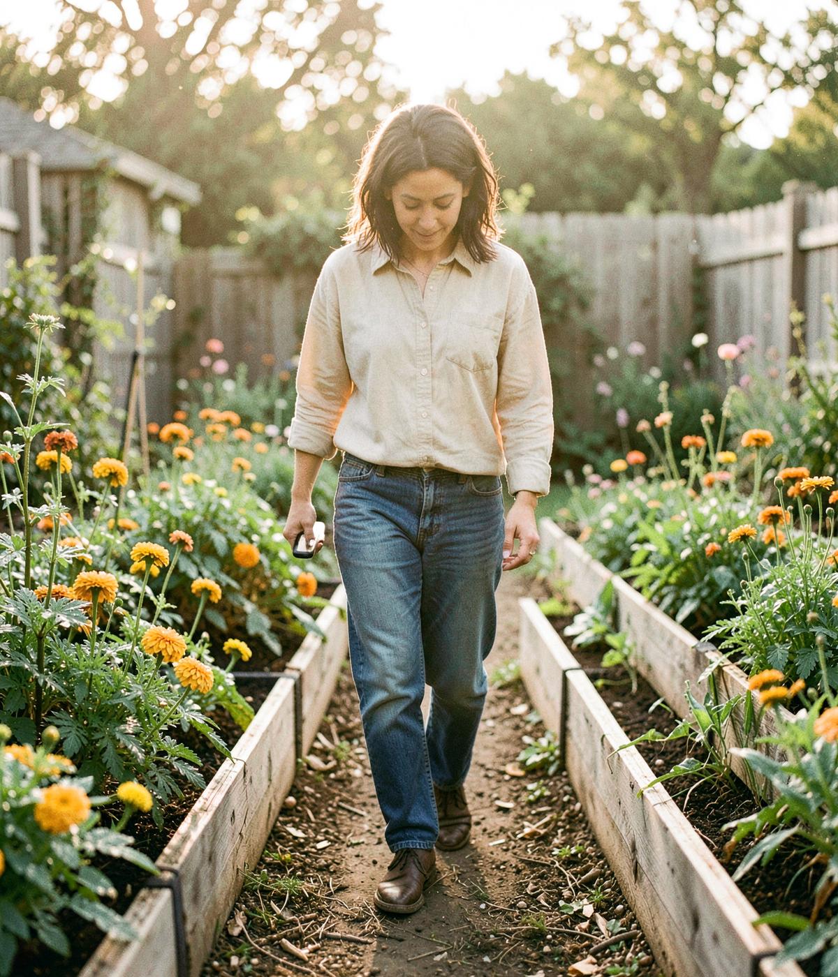 A gardener walking slowly between raised beds of marigolds in morning light