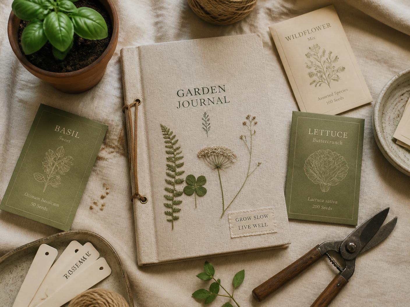 Garden journal, seed packets and pruners laid out on warm linen