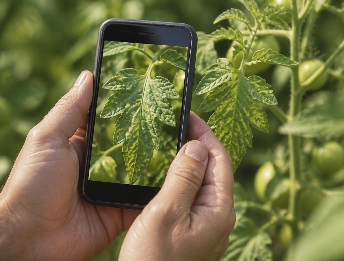 Hands photographing a tomato leaf with yellow spots in a sunny garden